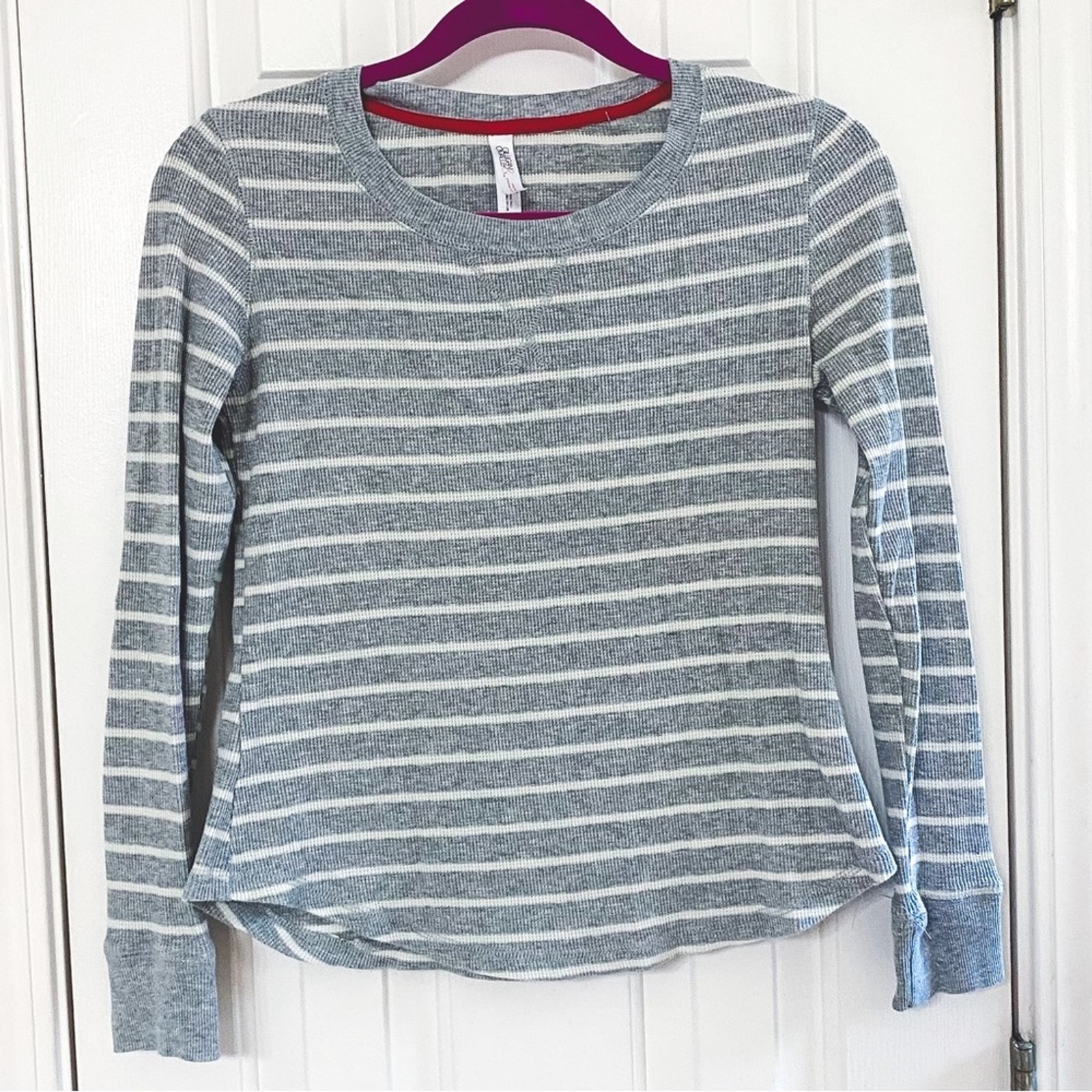 Gilligan & O’malley Gray + White Stripe Long Sleeve Thermal Waffle Top